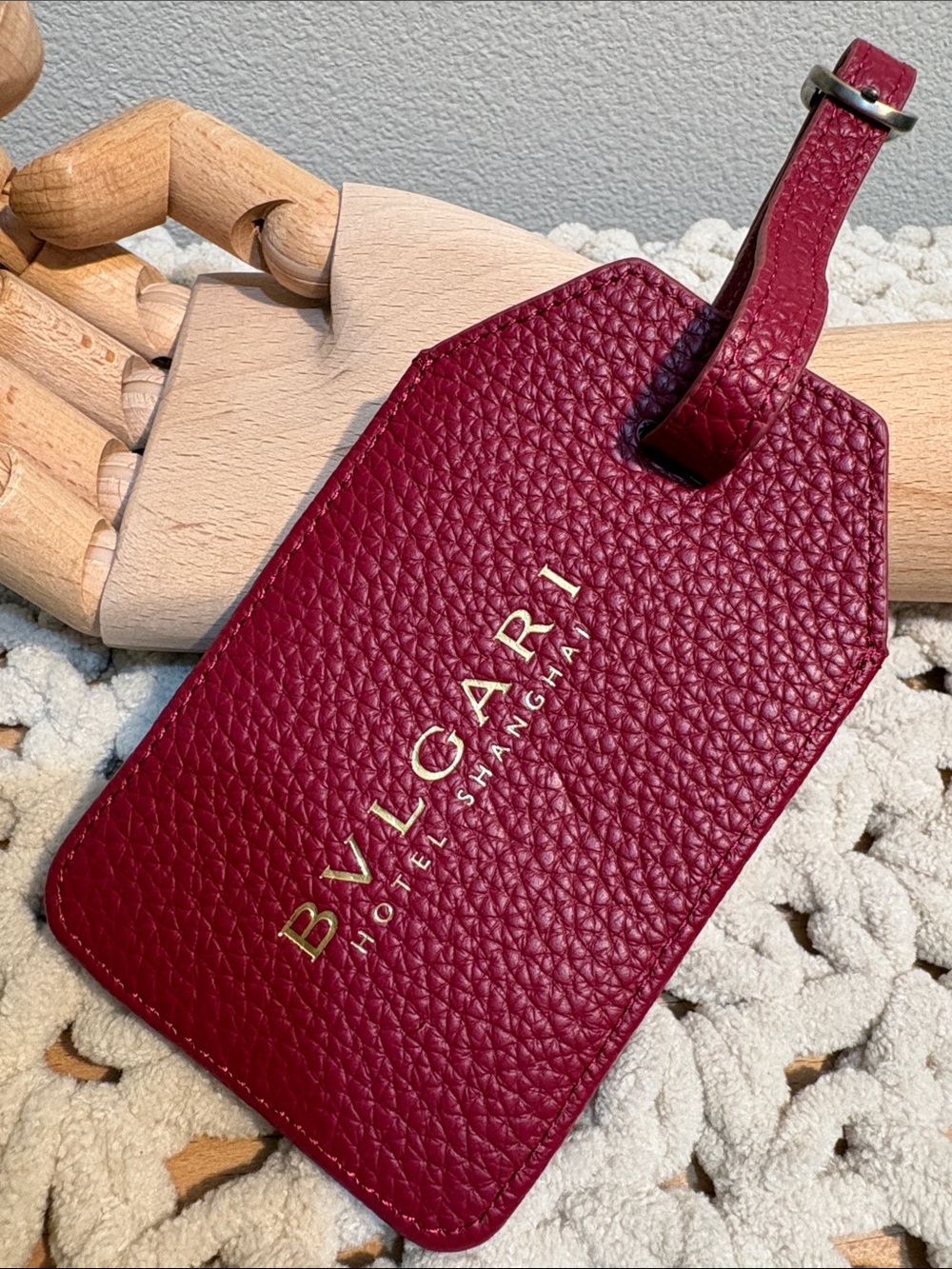 Bulgari Wine Red Pebbled Leather Luggage Tag with Gold Logo